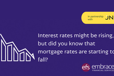 Bar graph with arrow pointing down and the text Interest rates might be rising but did you know what mortgage rates are starting to fall?