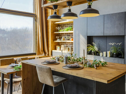 A tidy kitchen with a view
